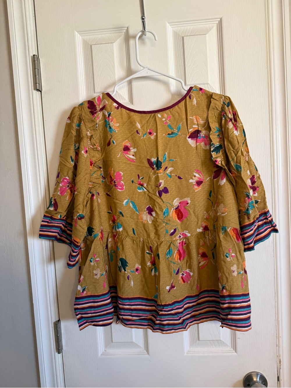 Democracy Mustard Floral V-Neck Peasant Top with Multicolor Striped Trim - Picture 2 of 3
